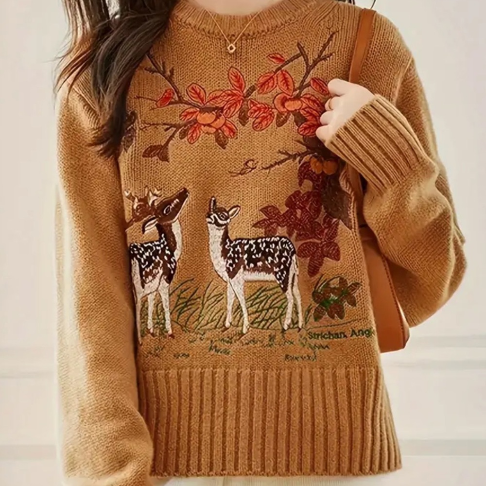 Elegant Cozy Deer Embroidered Crew Neck Sweater